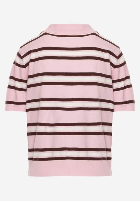 Różowy T-shirt Polo z Wiskozą w Paski z Guzikami Vevevia 7