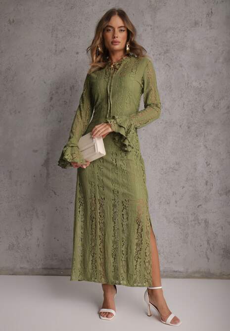 Zielona Taliowana Sukienka z Koronki Zdobiona Wiązaniem przy Szyi Terienna 5
