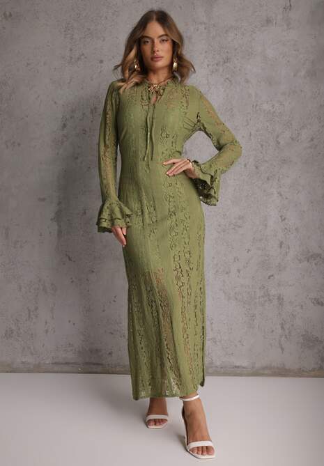 Zielona Taliowana Sukienka z Koronki Zdobiona Wiązaniem przy Szyi Terienna