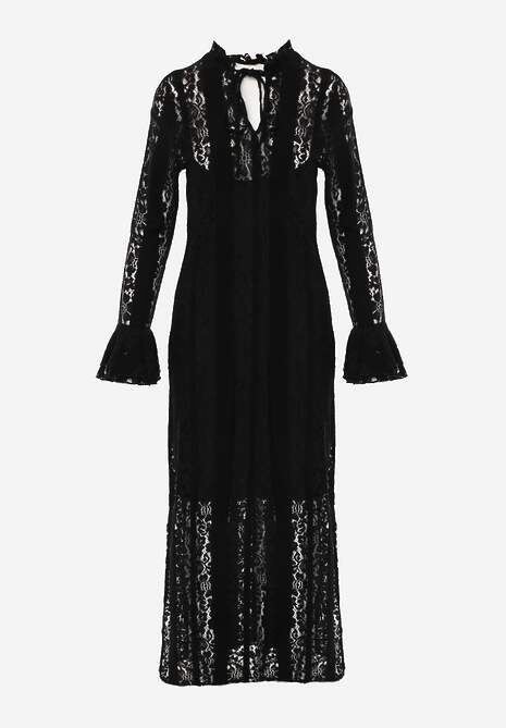 Czarna Taliowana Sukienka z Koronki Zdobiona Wiązaniem przy Szyi Terienna 6