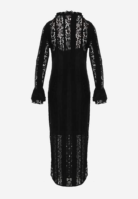 Czarna Taliowana Sukienka z Koronki Zdobiona Wiązaniem przy Szyi Terienna 7