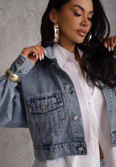 Niebieska Kurtka Jeansowa z Bawełny Typu Crop Bomber Jacket  Veloma 5