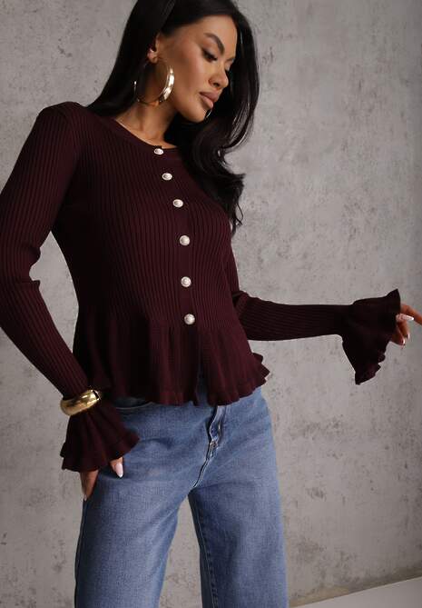 Fioletowy Wiskozowy Kardigan w Prążki z Falbankami i Guzikami z Cyrkoniami Danareia 4