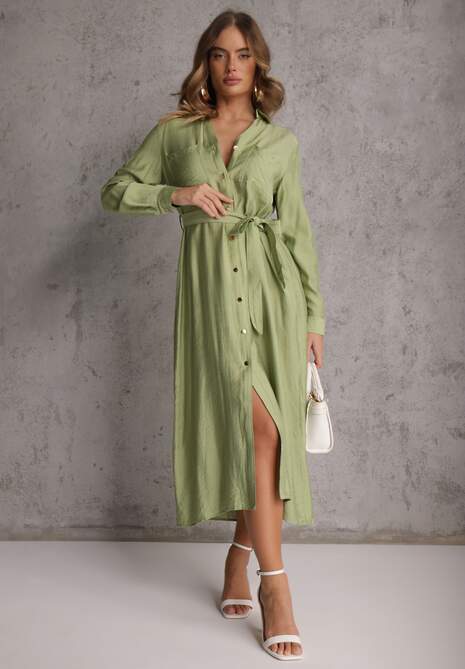 Zielona Sukienka z Wiskozą o Koszulowym Kroju z Wiązanym Paskiem Rissanni 4