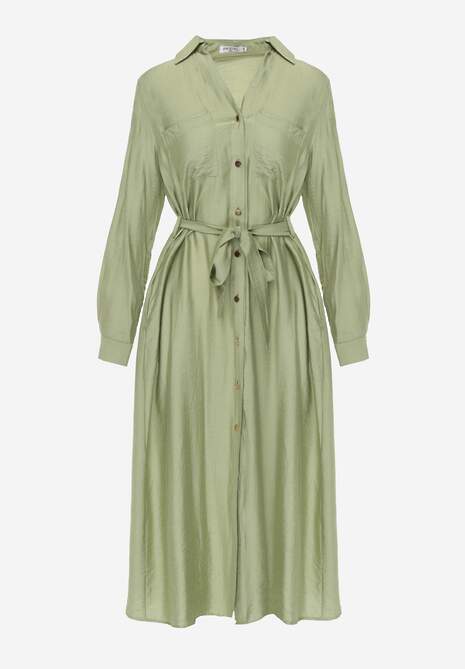 Zielona Sukienka z Wiskozą o Koszulowym Kroju z Wiązanym Paskiem Rissanni 6