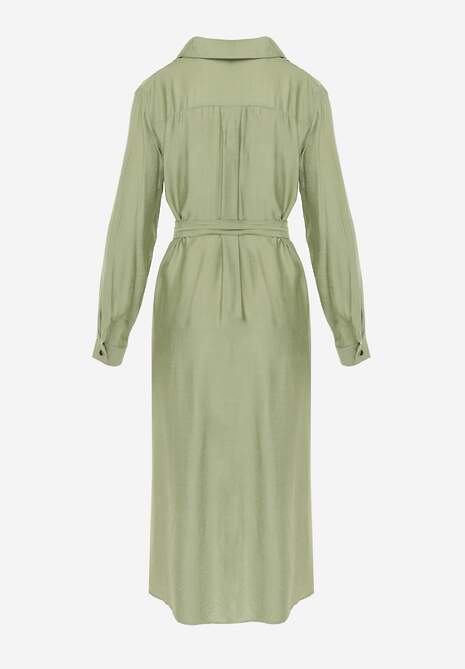 Zielona Sukienka z Wiskozą o Koszulowym Kroju z Wiązanym Paskiem Rissanni 7