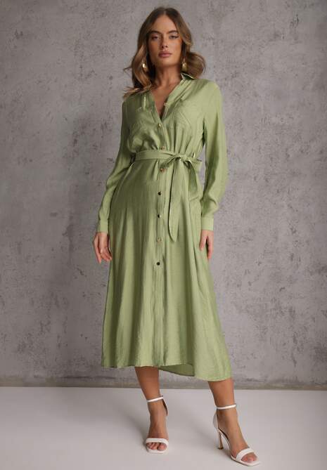 Zielona Sukienka z Wiskozą o Koszulowym Kroju z Wiązanym Paskiem Rissanni