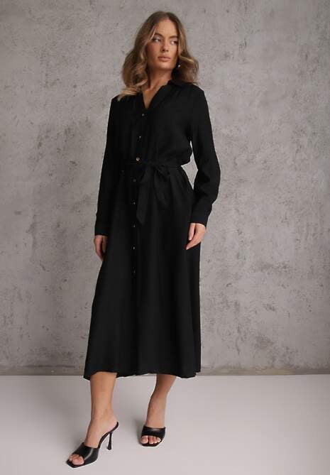 Czarna Sukienka z Wiskozą o Koszulowym Kroju z Wiązanym Paskiem Rissanni 4