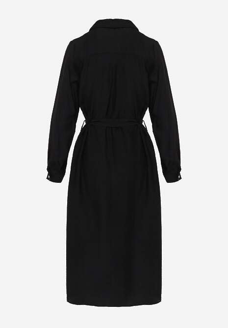 Czarna Sukienka z Wiskozą o Koszulowym Kroju z Wiązanym Paskiem Rissanni 7