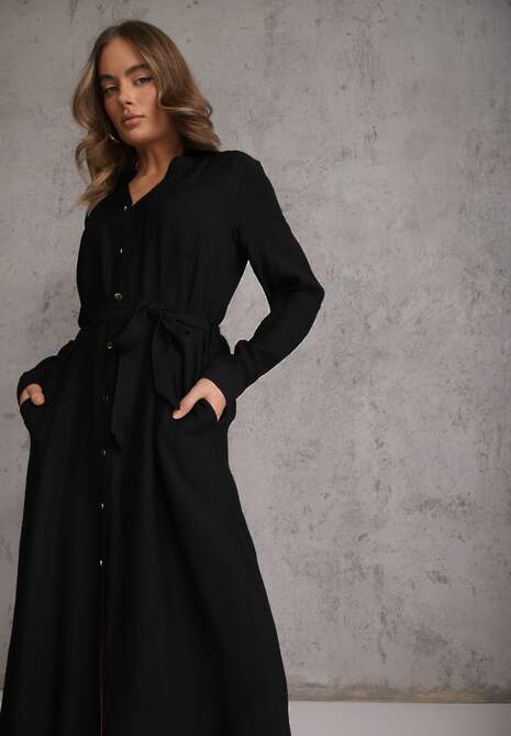 Czarna Sukienka z Wiskozą o Koszulowym Kroju z Wiązanym Paskiem Rissanni
