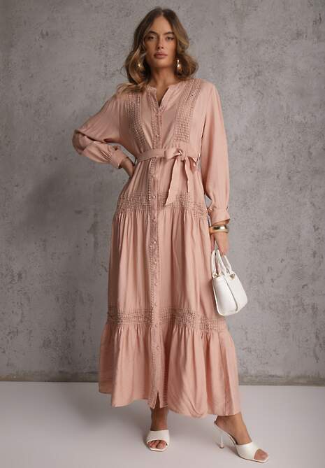 Jasnoróżowa Wiskozowa Sukienka o Rozkloszowanym Kroju z Wiązanym Paskiem i Koronką Reisavien 4