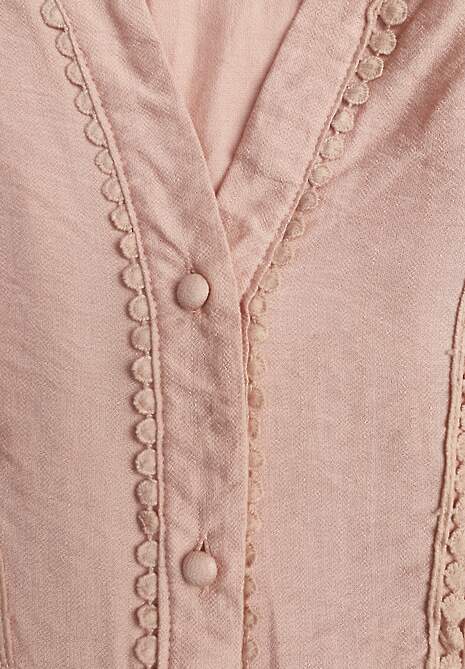 Jasnoróżowa Wiskozowa Sukienka o Rozkloszowanym Kroju z Wiązanym Paskiem i Koronką Reisavien 6