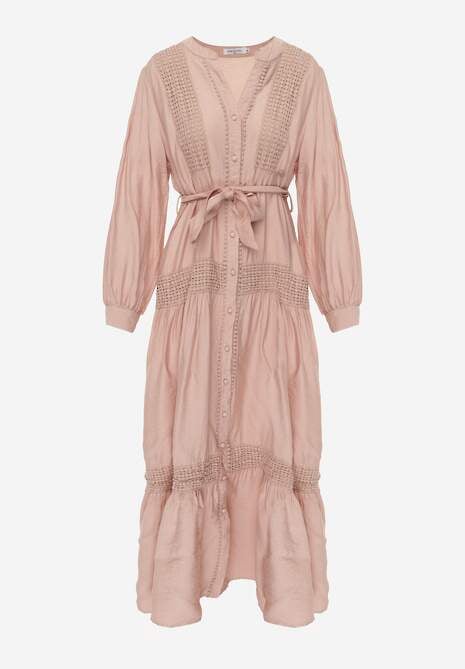 Jasnoróżowa Wiskozowa Sukienka o Rozkloszowanym Kroju z Wiązanym Paskiem i Koronką Reisavien 6
