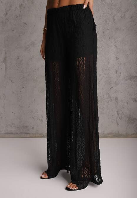 Czarny Eteryczny Komplet z Koronką i Falbankami Top i Spodnie Wide Leg Pretilaine 4