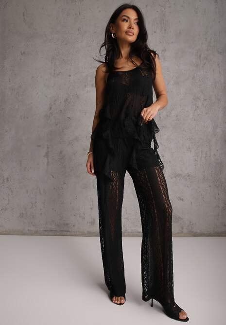 Czarny Eteryczny Komplet z Koronką i Falbankami Top i Spodnie Wide Leg Pretilaine 5