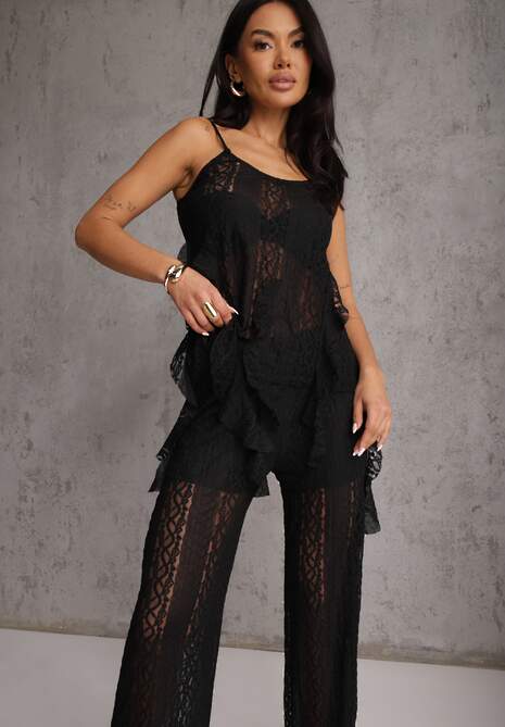 Czarny Eteryczny Komplet z Koronką i Falbankami Top i Spodnie Wide Leg Pretilaine