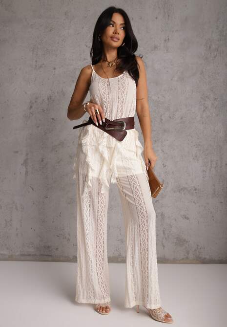 Beżowy Eteryczny Komplet z Koronką i Falbankami Top i Spodnie Wide Leg Pretilaine 4