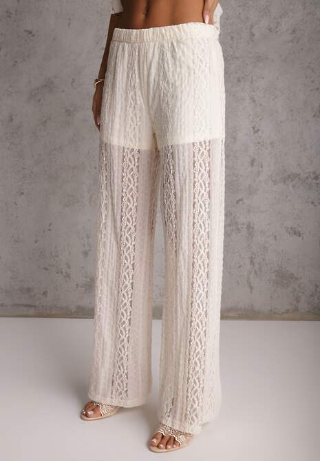 Beżowy Eteryczny Komplet z Koronką i Falbankami Top i Spodnie Wide Leg Pretilaine 5
