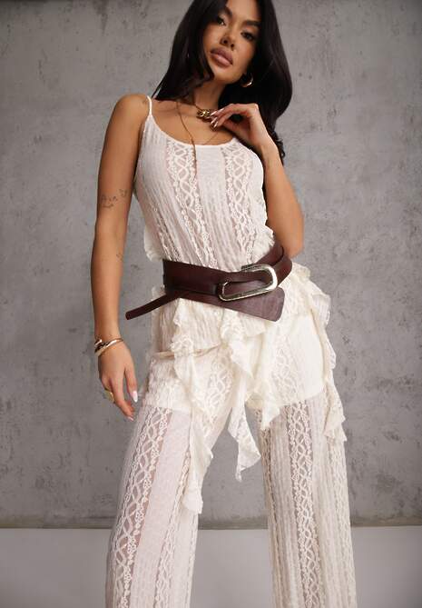 Beżowy Eteryczny Komplet z Koronką i Falbankami Top i Spodnie Wide Leg Pretilaine