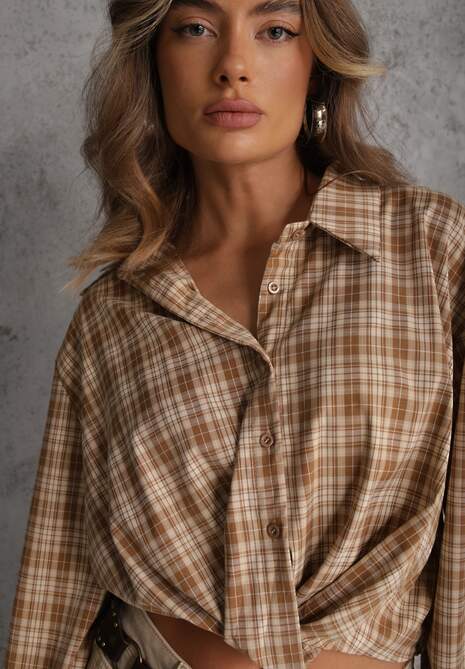 Beżowa Koszula z Bawełny Typu Crop w Kratę Ozdobiona Marszczeniem Risettes 5