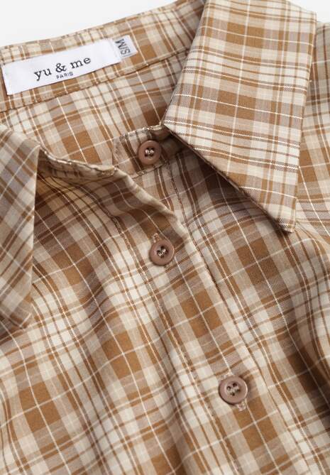 Beżowa Koszula z Bawełny Typu Crop w Kratę Ozdobiona Marszczeniem Risettes 6