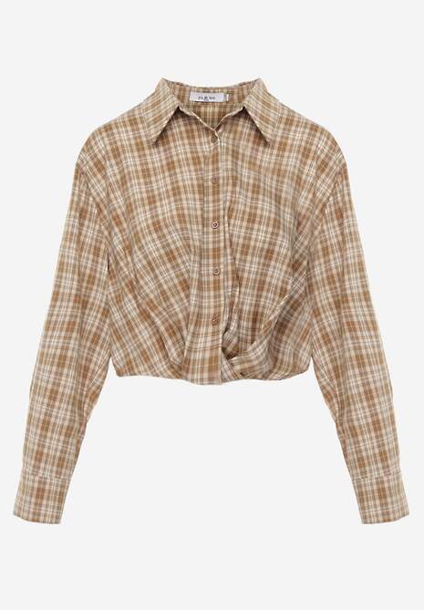 Beżowa Koszula z Bawełny Typu Crop w Kratę Ozdobiona Marszczeniem Risettes 6