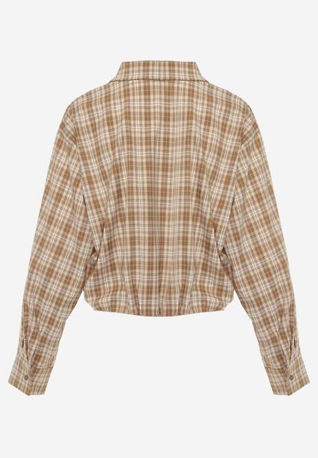 Beżowa Koszula z Bawełny Typu Crop w Kratę Ozdobiona Marszczeniem Risettes 7