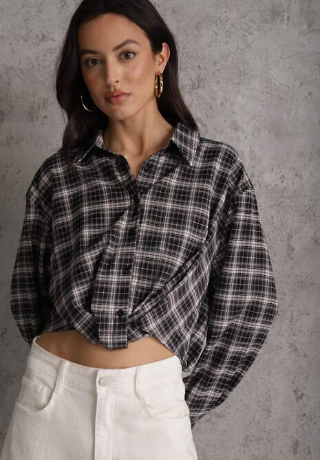 Czarna Koszula z Bawełny Typu Crop w Kratę Ozdobiona Marszczeniem Risettes 4