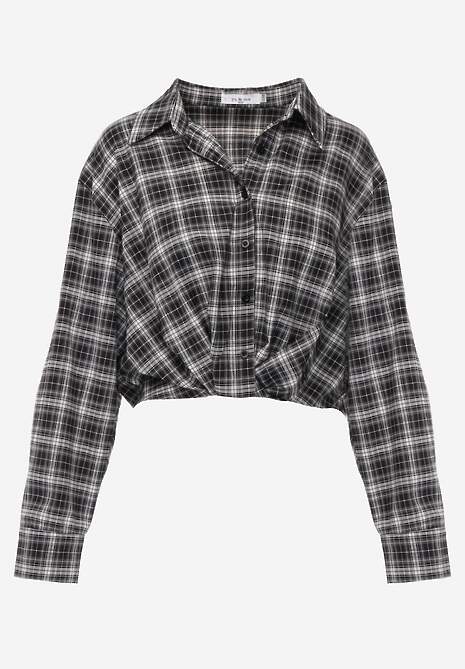 Czarna Koszula z Bawełny Typu Crop w Kratę Ozdobiona Marszczeniem Risettes 6