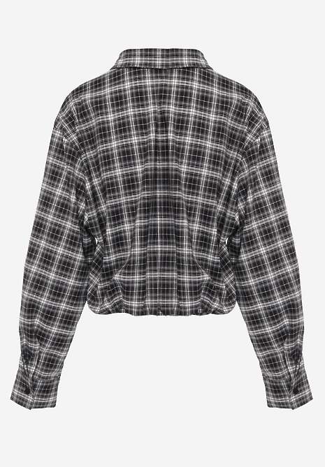 Czarna Koszula z Bawełny Typu Crop w Kratę Ozdobiona Marszczeniem Risettes 7
