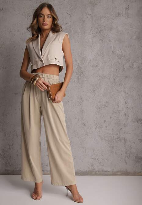 Beżowe Szerokie Spodnie Wiskozą Bawełną i Elastyczną Talią ze  Sznurkiem Arkinae 4