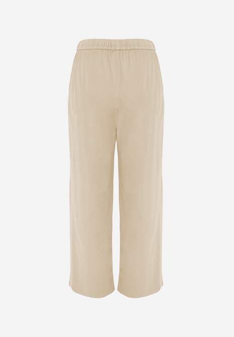 Beżowe Szerokie Spodnie Wiskozą Bawełną i Elastyczną Talią ze  Sznurkiem Arkinae 7