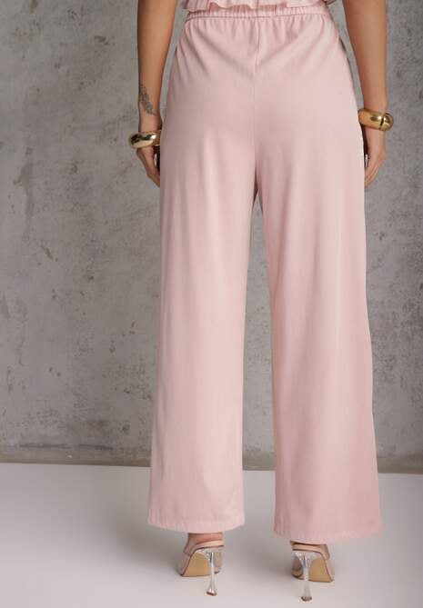Różowe Szerokie Spodnie Wiskozą Bawełną i Elastyczną Talią ze  Sznurkiem Arkinae 4
