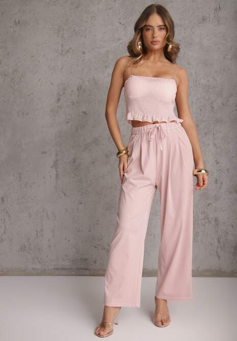 Różowe Szerokie Spodnie Wiskozą Bawełną i Elastyczną Talią ze  Sznurkiem Arkinae
