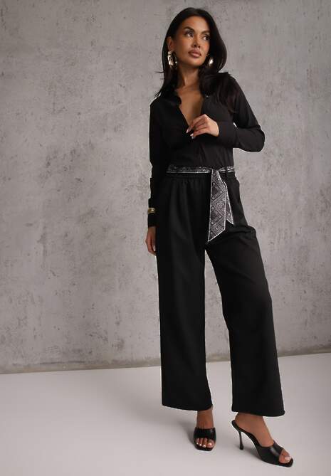 Czarne Bawełniano-Wiskozowe Spodnie Wide Leg z Paskiem Typu Apaszka Arlethia 4