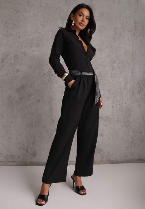Czarne Bawełniano-Wiskozowe Spodnie Wide Leg z Paskiem Typu Apaszka Arlethia