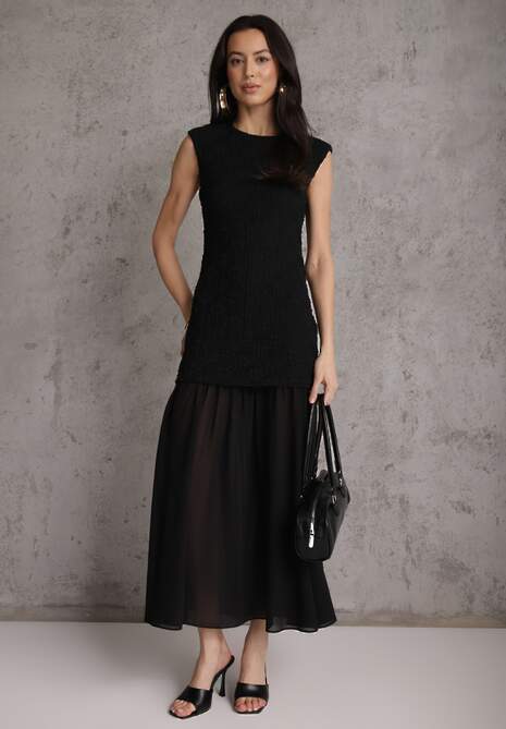 Czarna Ażurowa Sukienka z Transparentnym Dołem i Usztywnionymi Ramionami Semiris 4