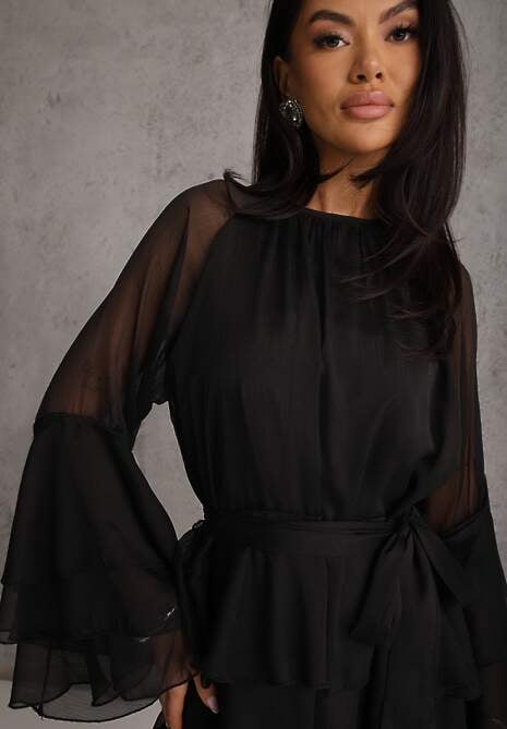 Czarna Eteryczna Sukienka z Falbanami i Wiązanym Paskiem w Talii Rivania 5