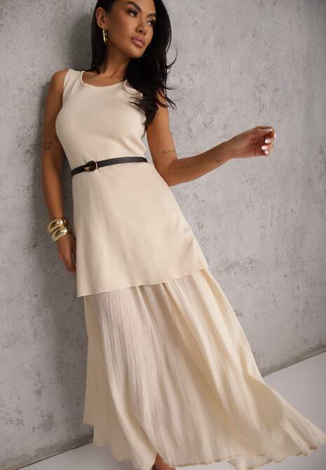 Beżowa Dzianinowa Sukienka z Wiskozą Zdobiona Podszewką i Paskiem z Klamrą Arkilia 4