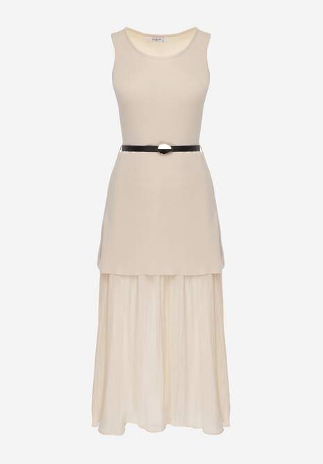 Beżowa Dzianinowa Sukienka z Wiskozą Zdobiona Podszewką i Paskiem z Klamrą Arkilia 6