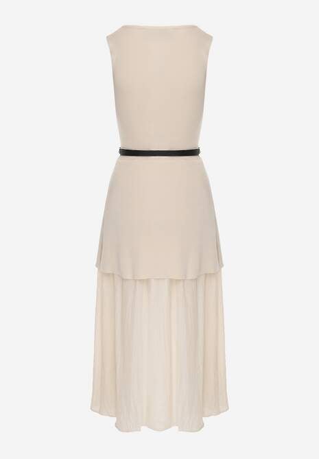 Beżowa Dzianinowa Sukienka z Wiskozą Zdobiona Podszewką i Paskiem z Klamrą Arkilia 7