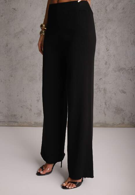 Czarny Komplet z Dzianiny z Wiskozą Spodnie Wide Leg i Top z Guzikami Merice 4