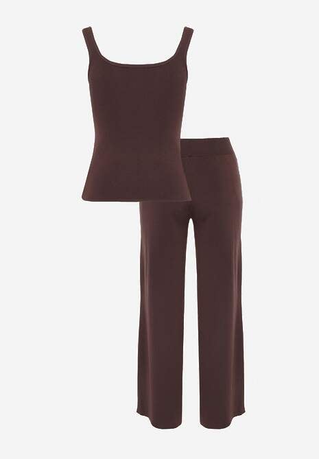 Brązowy Komplet z Dzianiny z Wiskozą Spodnie Wide Leg i Top z Guzikami Merice 7