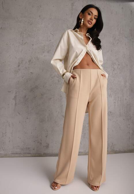 Beżowe Bawełniano-Wiskozowe Spodnie o Eleganckim Kroju w Kant Tinawre 4