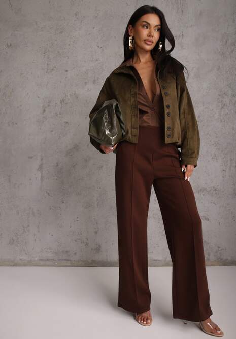 Brązowe Bawełniano-Wiskozowe Spodnie o Eleganckim Kroju w Kant Tinawre 4