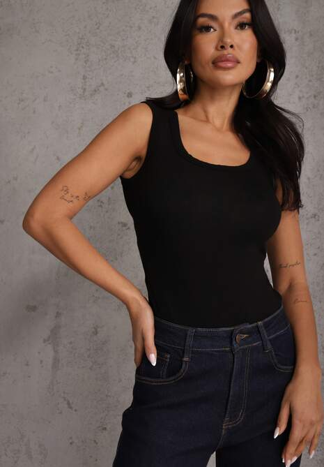 Czarny Wiskozowy Top Dopasowany z Kwadratowym Dekoltem Bez Rękawów Bilincja 4