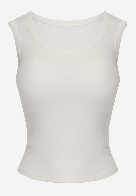 Biały Wiskozowy Top Dopasowany z Kwadratowym Dekoltem Bez Rękawów Bilincja 6