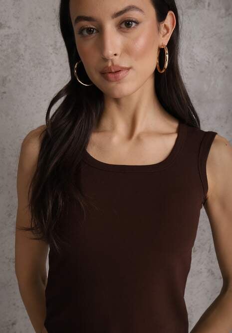 Brązowy Wiskozowy Top Dopasowany z Kwadratowym Dekoltem Bez Rękawów Bilincja 5