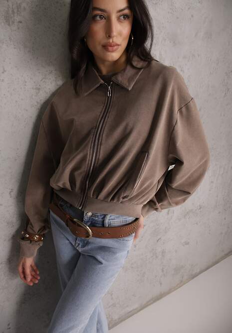 Beżowa Bluza Bomberka z Bawełny Oversize Ozdobiona Kołnierzem Vimelles 4