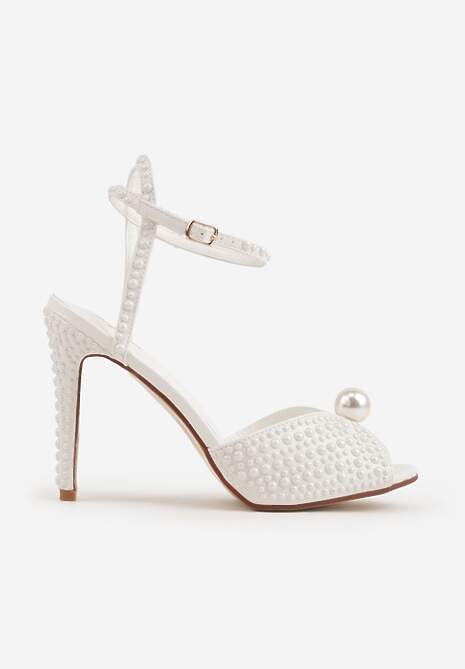 Białe Sandały Peep Toe na Szpilce z Perełkami i Paskiem z Klamerką Velaniella 4